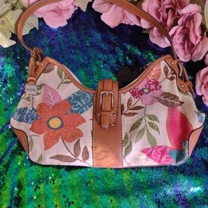 Fossil satchel, multi colored flower print, coated canvas